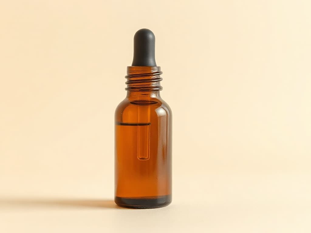 Apothecary still life — a single amber vial with a green leaf on a soft off-white surface.