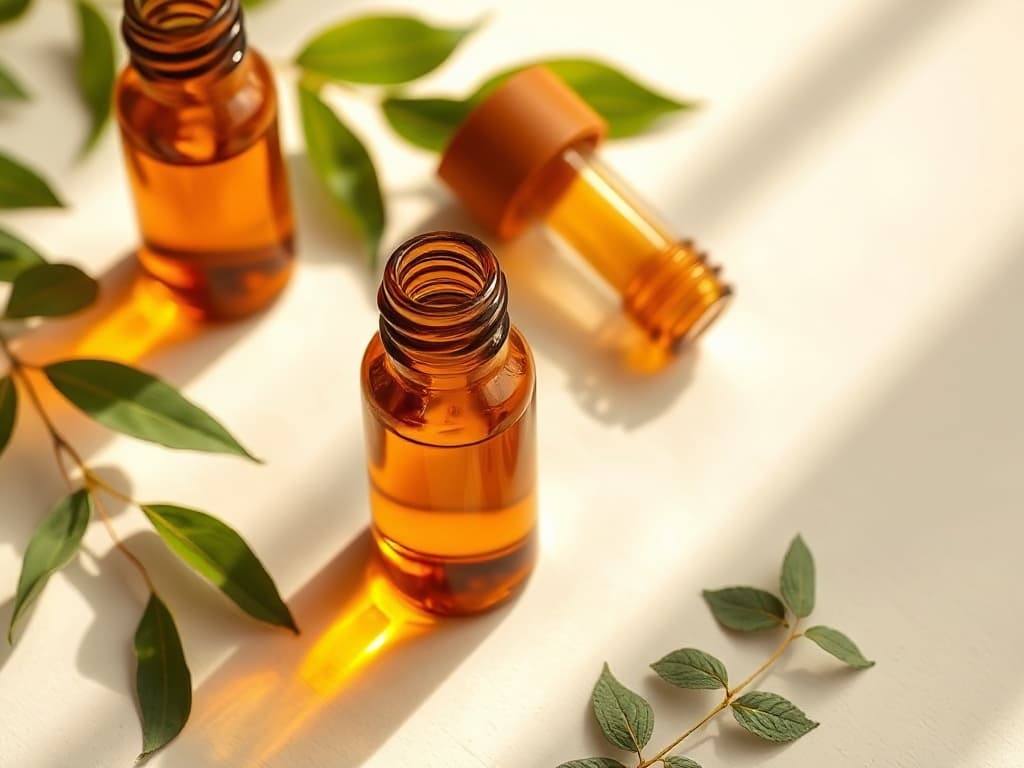 Apothecary still life — amber vials and a fresh sprig of greenery on a soft off-white surface.